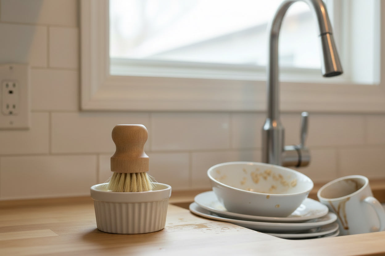 Dishwashing brush and soapy dishes on a kitchen counter with a window in the background.