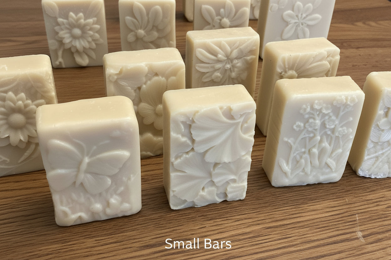 Small soap bars with floral designs on a wooden surface